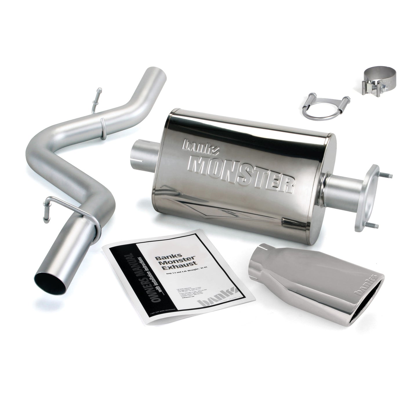 Monster Exhaust System Single Exit Chrome Ob Round Tip 04-06 Jeep 4.0L Wrangler TJ Banks Power - Image 1