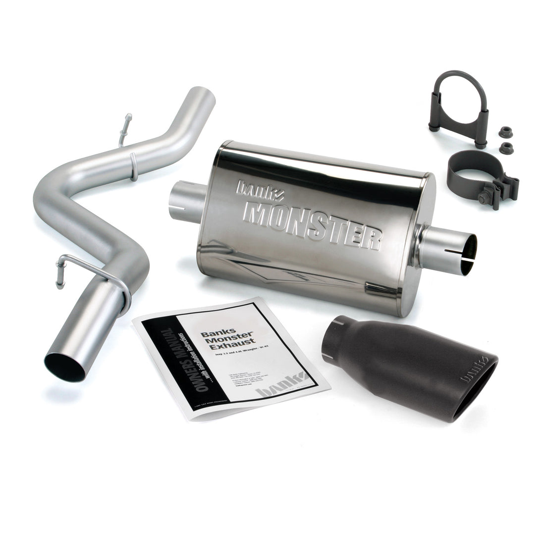 Monster Exhaust System Single Exit Black Ob Round Tip 97-99 Jeep 2.5/4.0L Wrangler Banks Power - Image 1