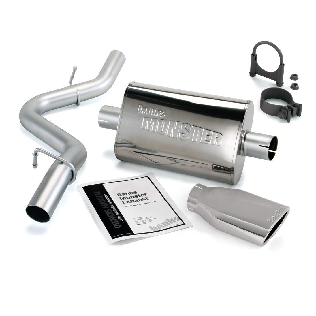 Monster Exhaust System Single Exit Chrome Ob Round Tip 97-99 Jeep 2.5/4.0L Wrangler TJ Banks Power - Image 1