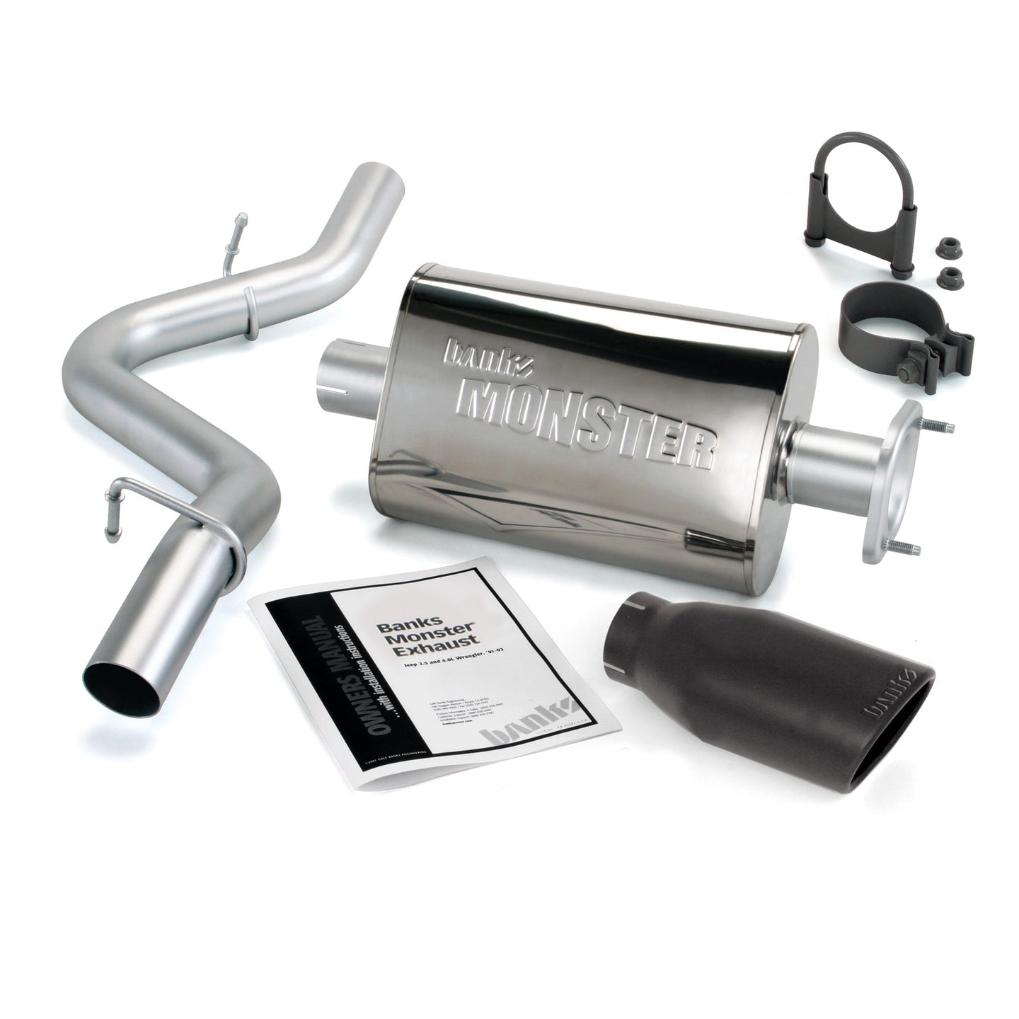 Monster Exhaust System Single Exit Black Ob Round Tip 00-03 Jeep 2.5/4.0L Wrangler Banks Power - Image 1