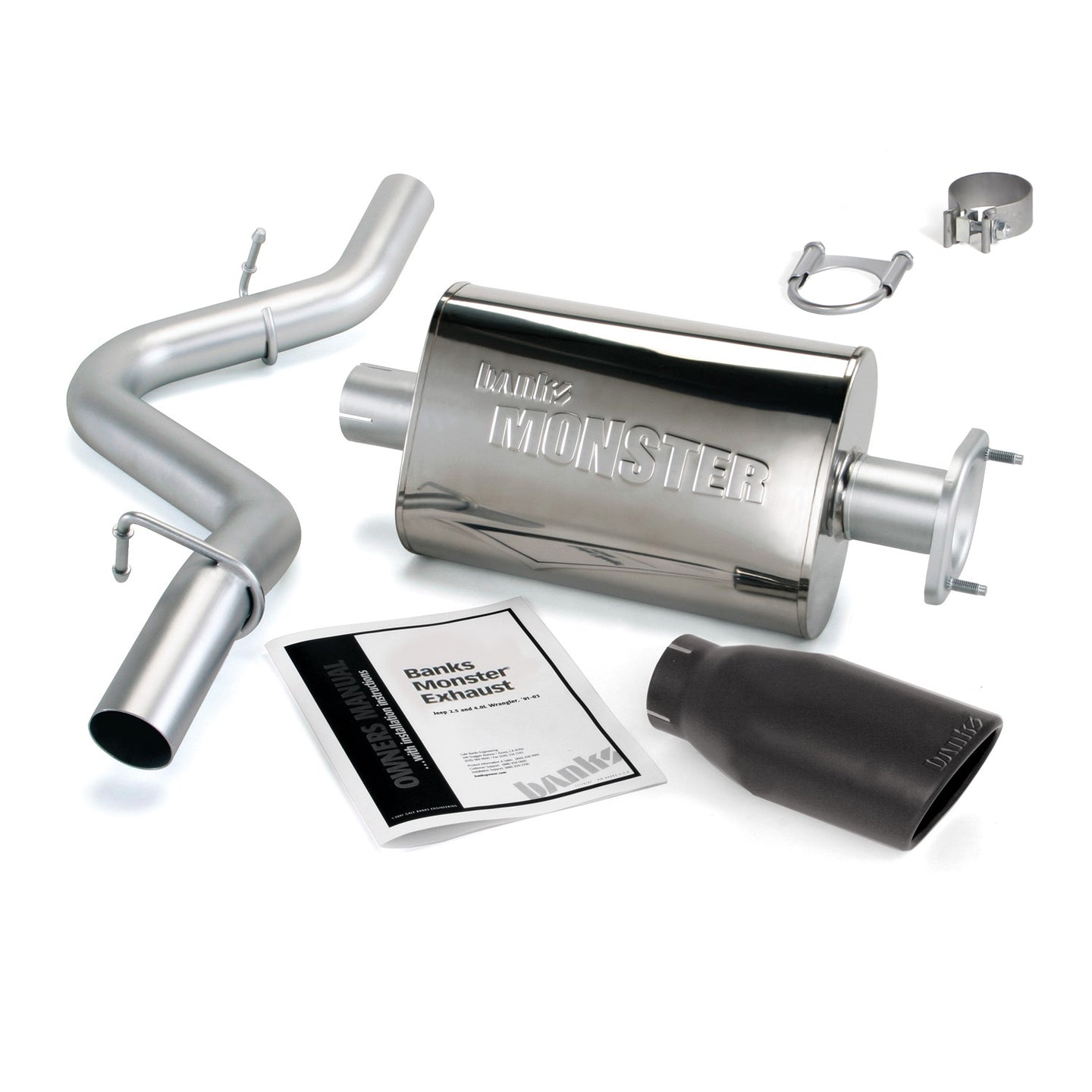Monster Exhaust System Single Exit Black Ob Round Tip 04-06 Jeep 4.0L Wrangler TJ Banks Power - Image 1