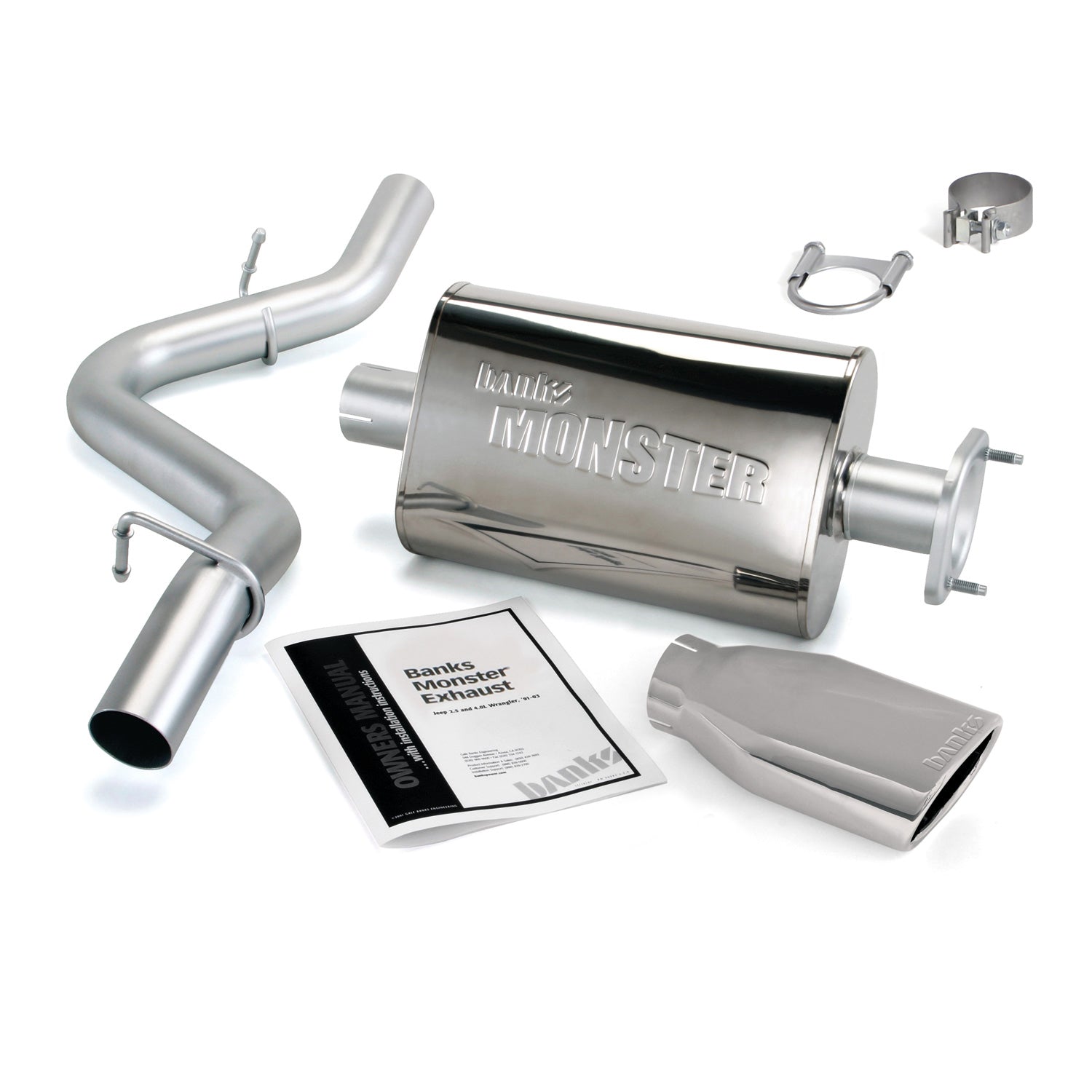 Monster Exhaust System Single Exit Chrome Ob Round Tip 04-06 Jeep 4.0L Wrangler TJ Banks Power - Image 1