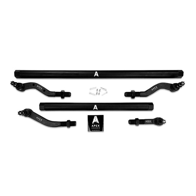 Apex Chassis Heavy Duty 2.5 Ton Tie Rod & Drag Link Assembly in Black Anodized Aluminum Fits: 19-22 Jeep Gladiator JT 18-22 Jeep Wrangler JL/JLU Rubicon Mohave Sahara Sport. Note: This NO-FLIP kit fits a Dana 30 axle with a lift of 4.5 inches or less. - Image 1